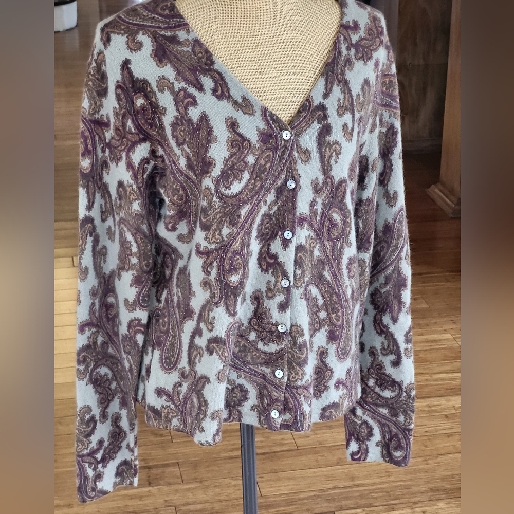 Tweeds Xlarge Lambswool and Angora Paisley Beaded Cardigan